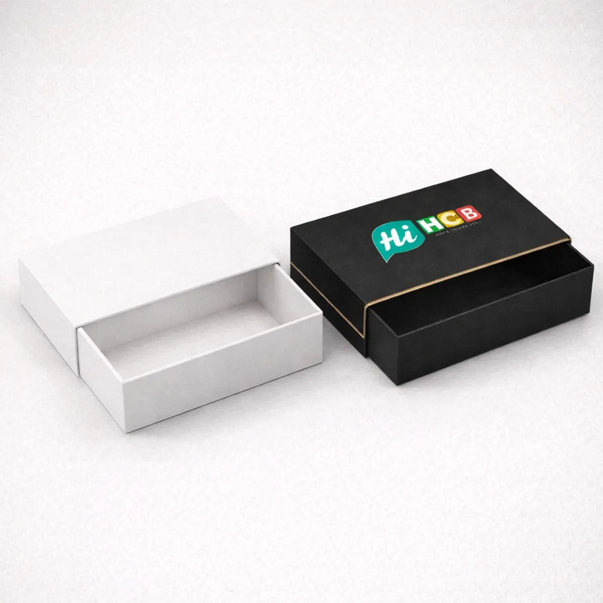 Premium drawer-style slide boxes in minimalist white and black finishes with a colourful brand logo- class=